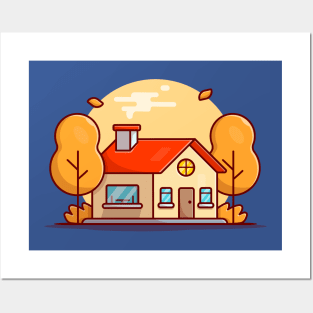 Autumn House with Trees Cartoon Vector Icon Illustration Posters and Art